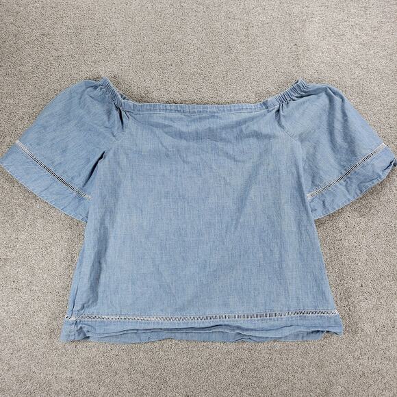 Lauren Ralph Lauren Chambray Off Shoulder Top Womens XL Blue Denim Bell Sleeve - Picture 1 of 12